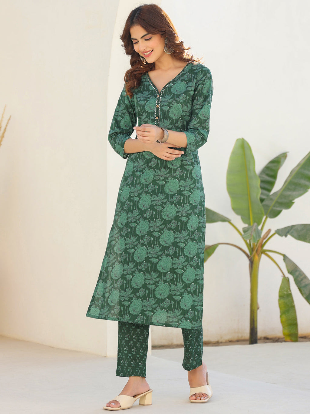 Dark Green Pure Cotton Floral Printed Straight Kurta Pant Set