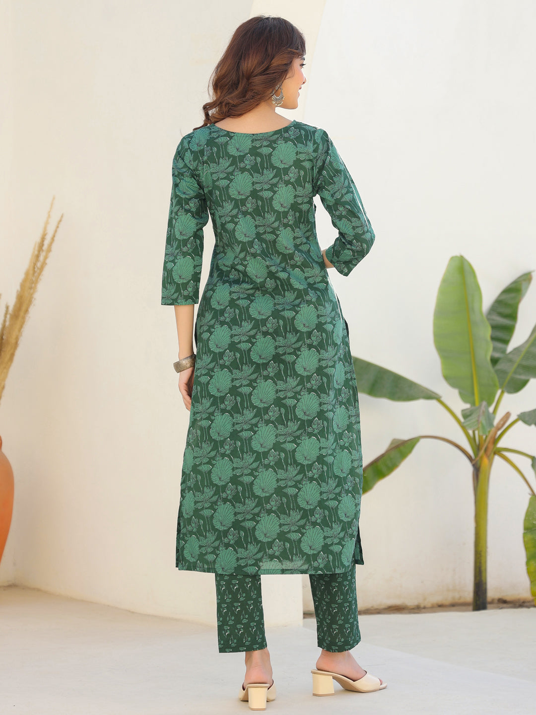 Dark Green Pure Cotton Floral Printed Straight Kurta Pant Set - qivii