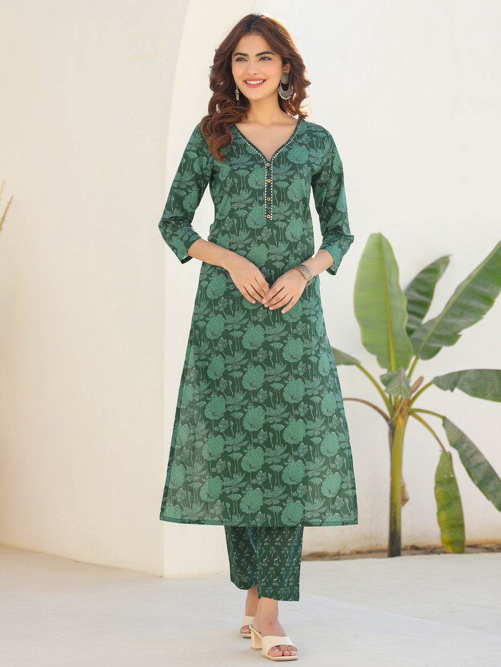 Dark Green Pure Cotton Floral Printed Straight Kurta Pant Set