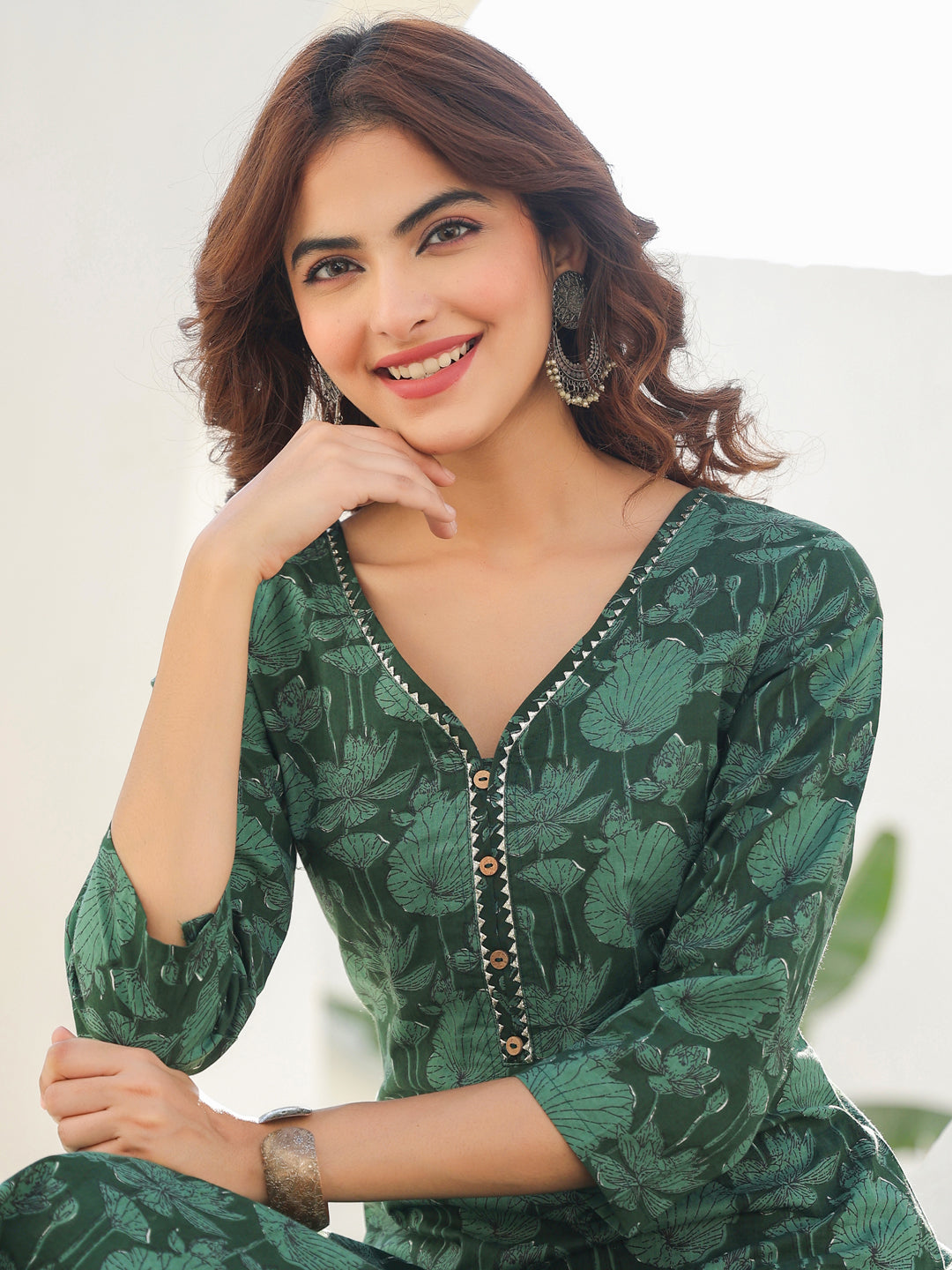 Dark Green Pure Cotton Floral Printed Straight Kurta Pant Set - qivii