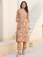 Beige Pure Cotton Floral Printed Straight Kurta Pant Set