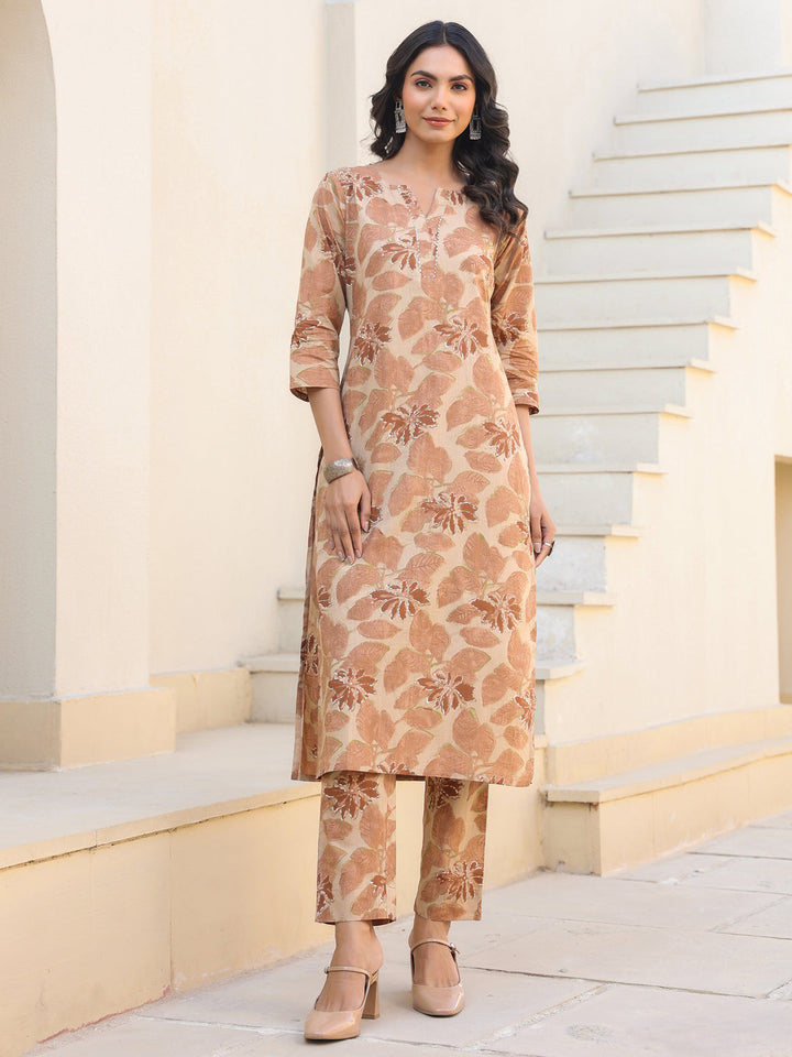 Beige Pure Cotton Floral Printed Straight Kurta Pant Set - qivii
