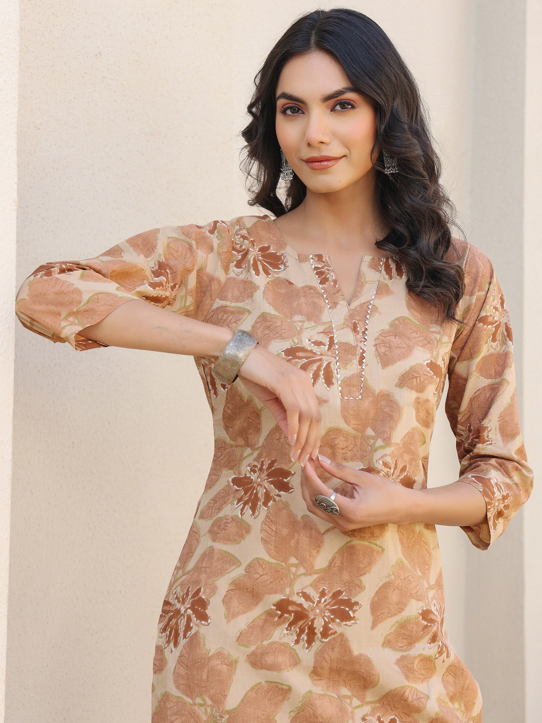 Beige Pure Cotton Floral Printed Straight Kurta Pant Set - qivii