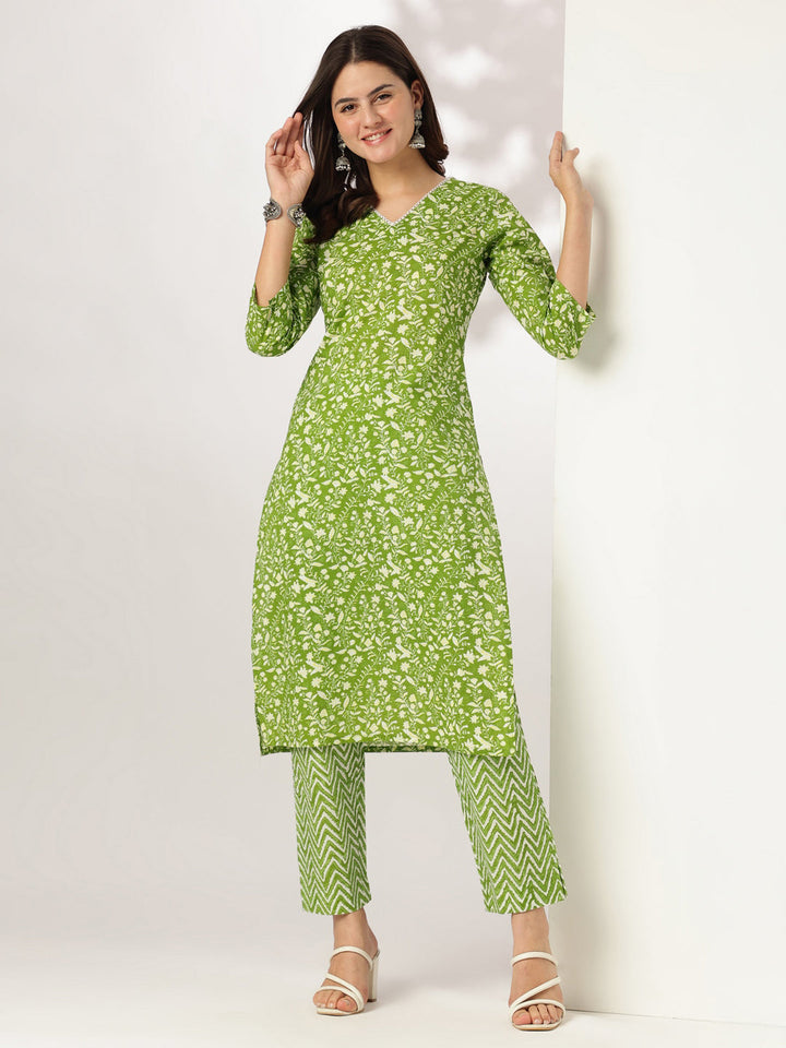 Lime Green Pure Cotton Floral Printed Straight Kurta Set - qivii