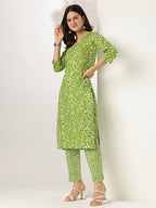 Lime Green Pure Cotton Floral Printed Straight Kurta Set