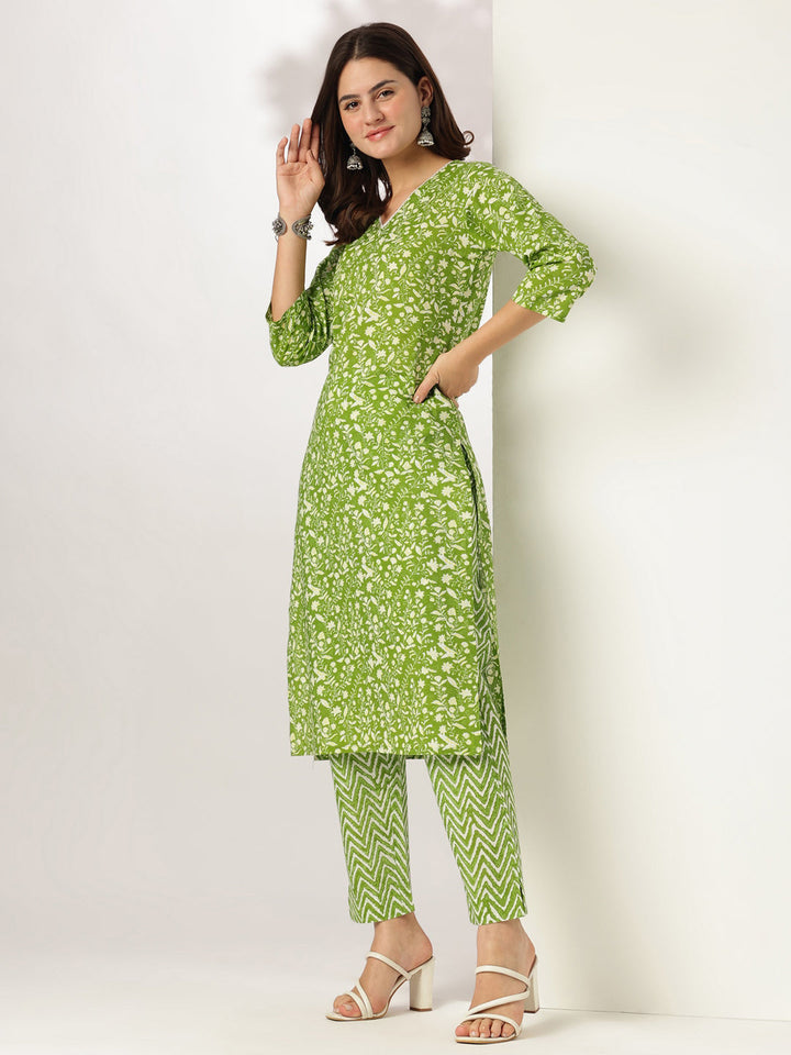 Lime Green Pure Cotton Floral Printed Straight Kurta Set - qivii