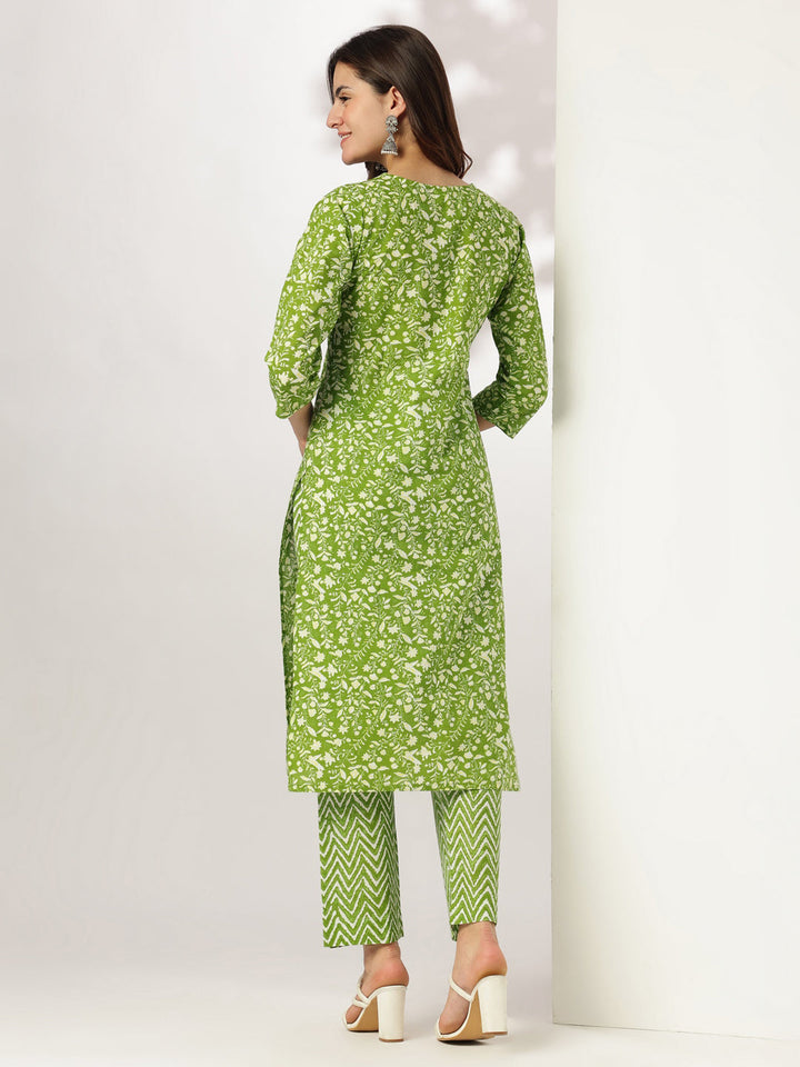 Lime Green Pure Cotton Floral Printed Straight Kurta Set - qivii
