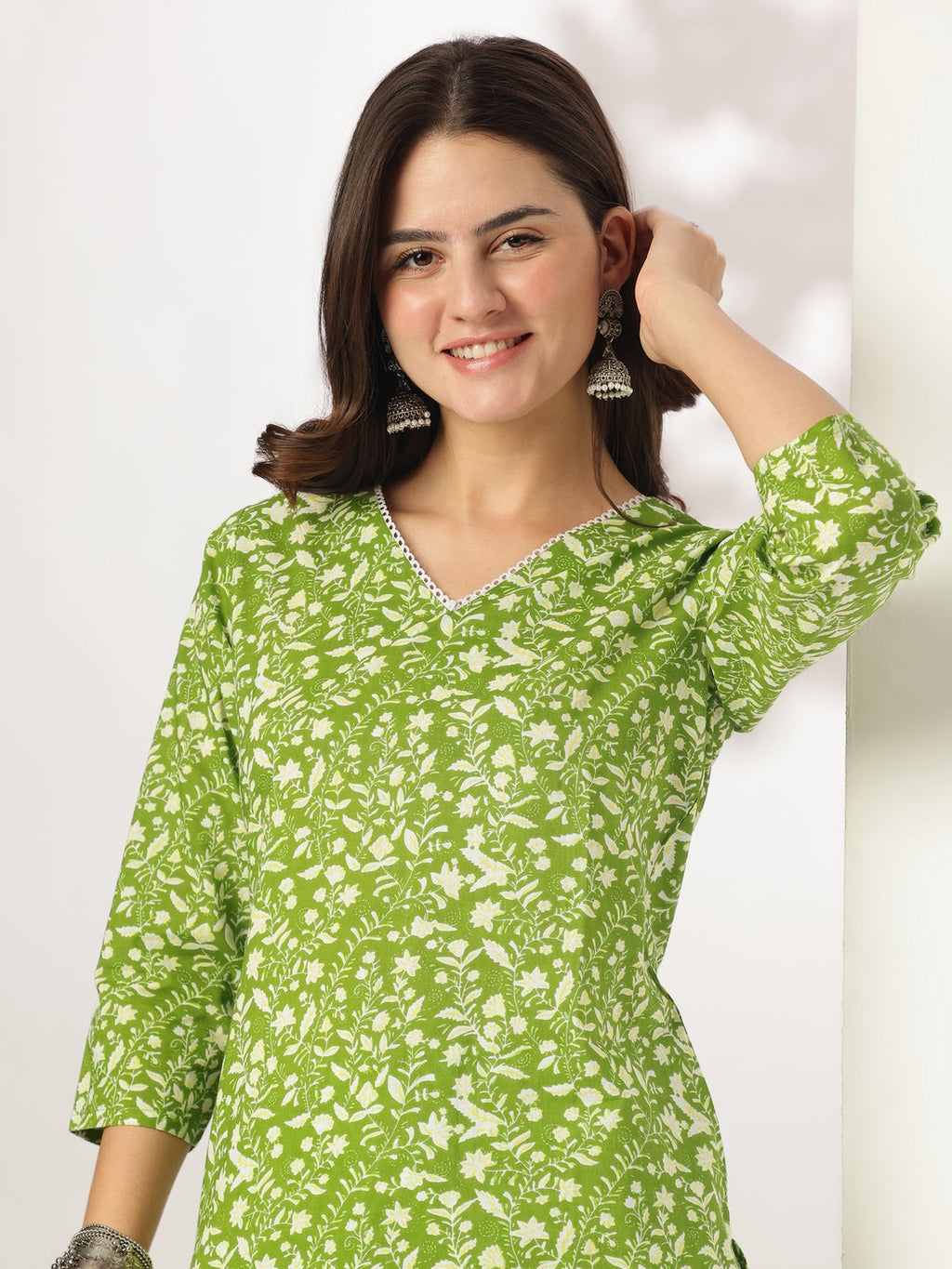 Lime Green Pure Cotton Floral Printed Straight Kurta Set