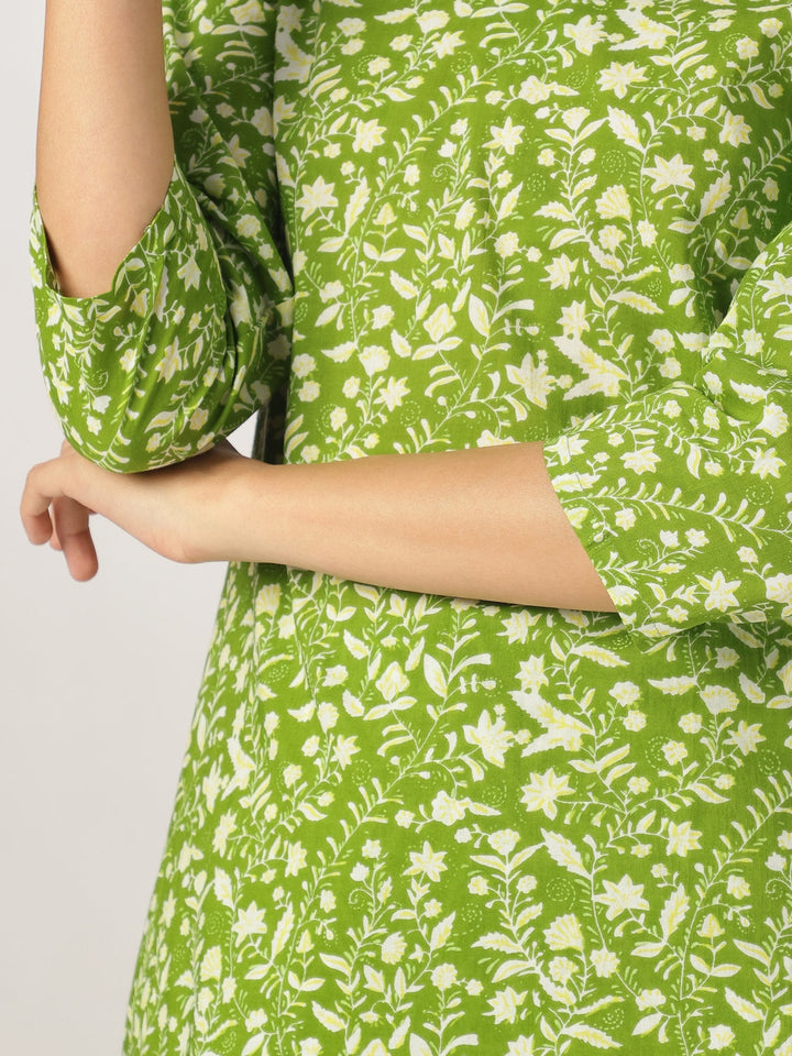 Lime Green Pure Cotton Floral Printed Straight Kurta Set - qivii
