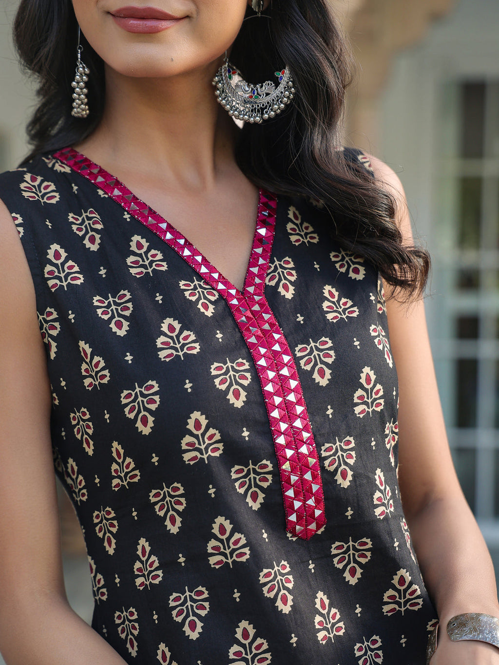 Black Pure Cotton Floral Printed Straight Kurta Set