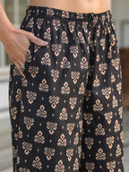 Black Pure Cotton Floral Printed Straight Kurta Set
