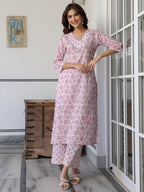 Light Pink Pure Cotton Floral Printed Straight Kurta Pant Set