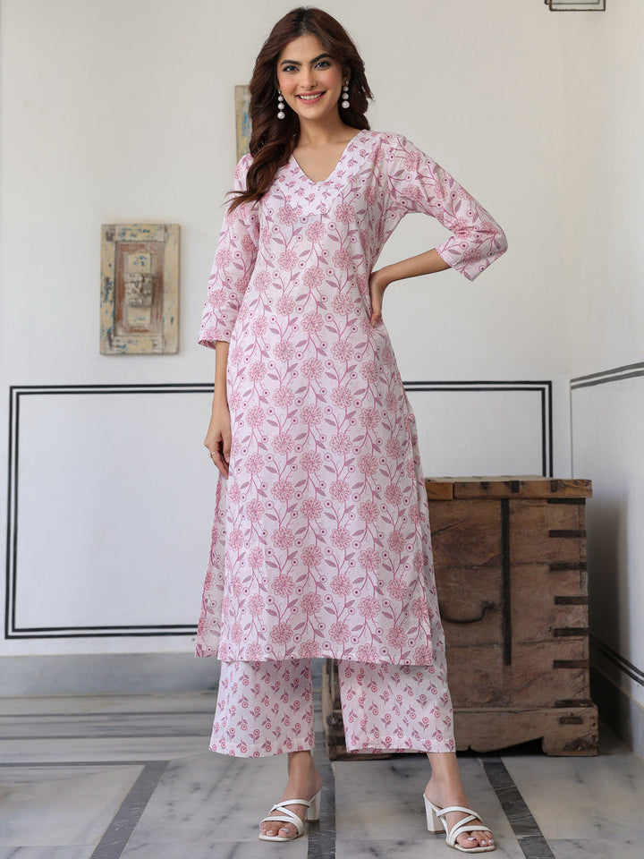 Light Pink Pure Cotton Floral Printed Straight Kurta Pant Set - qivii