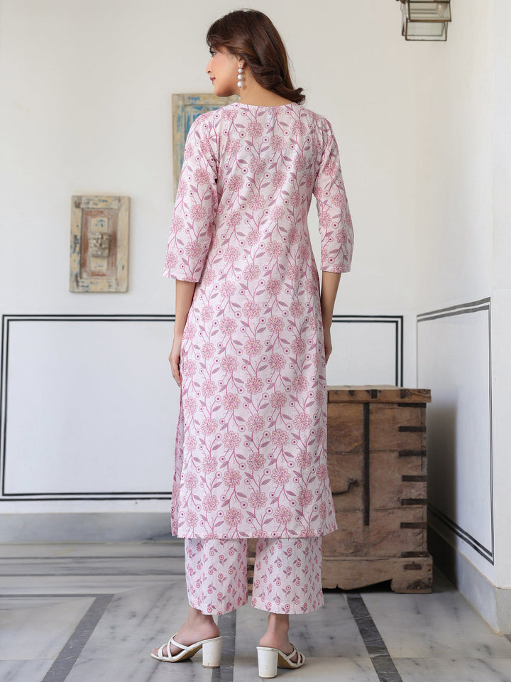 Light Pink Pure Cotton Floral Printed Straight Kurta Pant Set - qivii