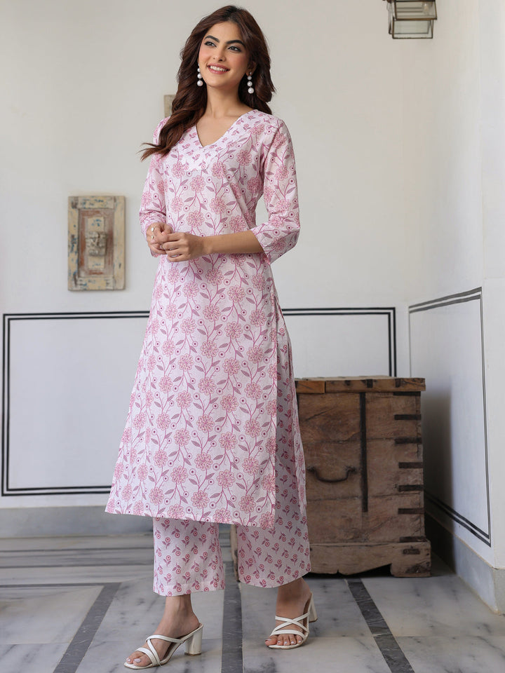 Light Pink Pure Cotton Floral Printed Straight Kurta Pant Set - qivii