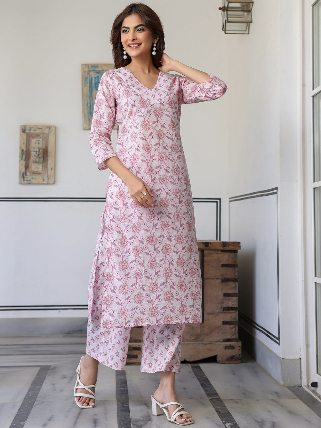 Light Pink Pure Cotton Floral Printed Straight Kurta Pant Set