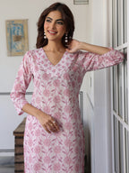 Light Pink Pure Cotton Floral Printed Straight Kurta Pant Set