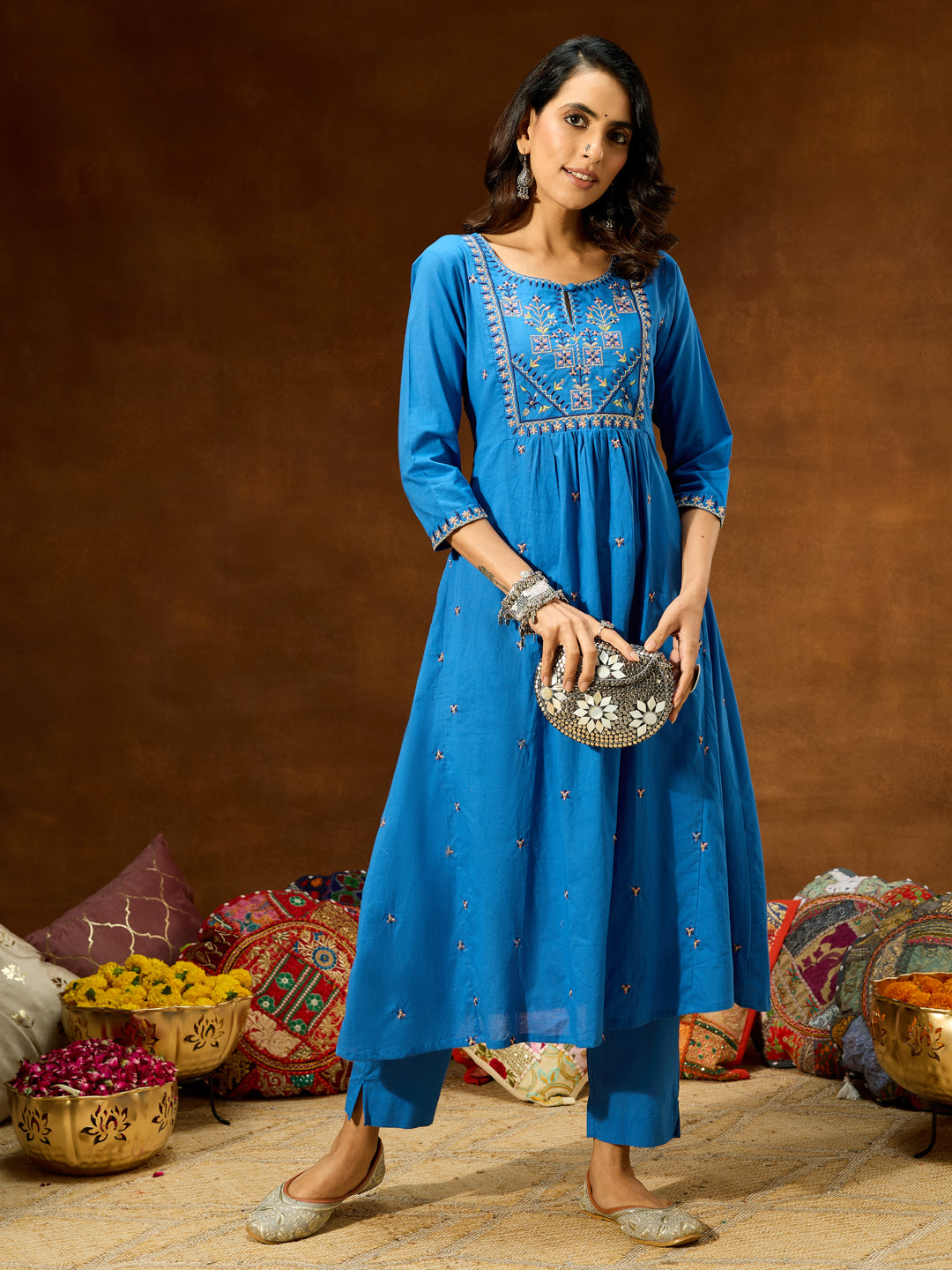 Janasya Women's Blue Pure Cotton Embroidered A-line Kurta With Pant Set - qivii