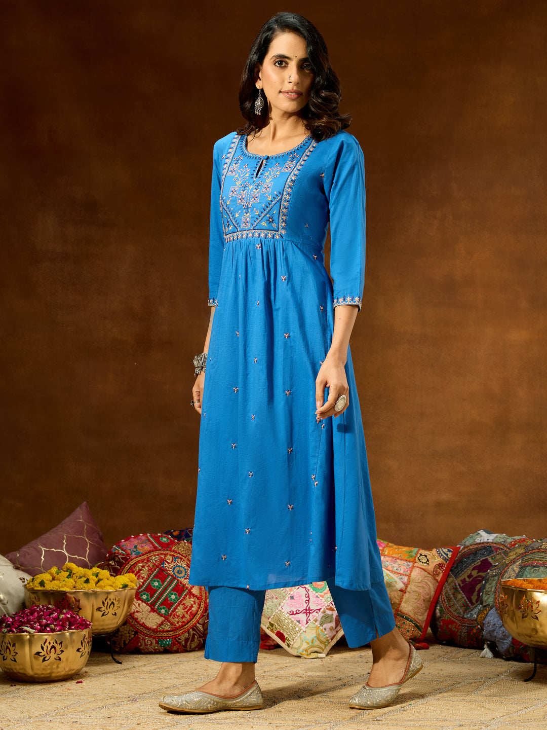 Janasya Women's Blue Pure Cotton Embroidered A-line Kurta With Pant Set - qivii