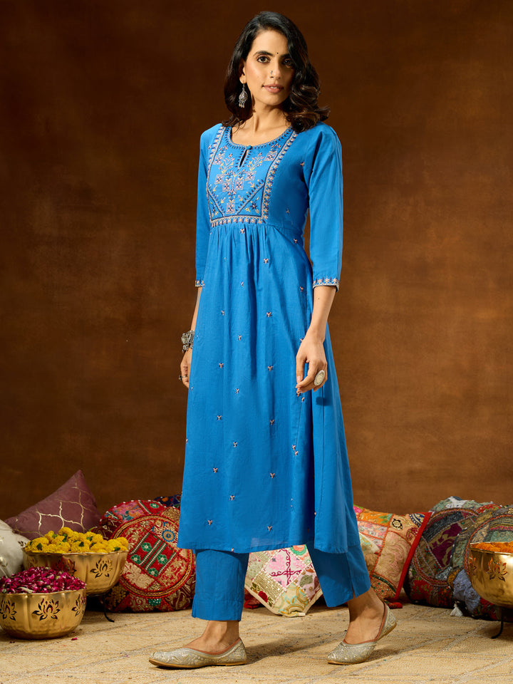 Janasya Women's Blue Pure Cotton Embroidered A-line Kurta With Pant Set - qivii