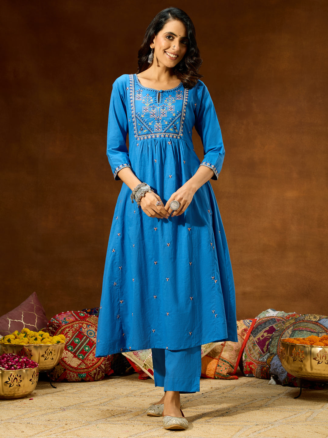 Janasya Women's Blue Pure Cotton Embroidered A-line Kurta With Pant Set - qivii