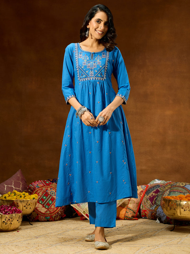 Janasya Women's Blue Pure Cotton Embroidered A-line Kurta With Pant Set - qivii