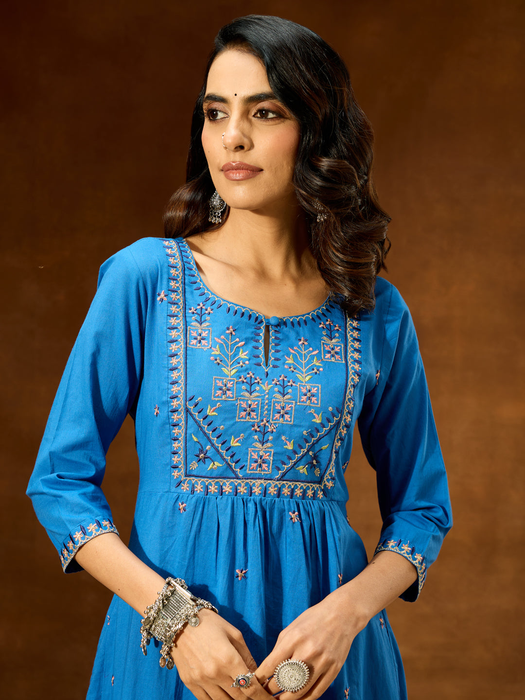 Janasya Women's Blue Pure Cotton Embroidered A-line Kurta With Pant Set