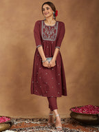 Janasya Women's Maroon Pure Cotton Embroidered A-line Kurta With Pant Set