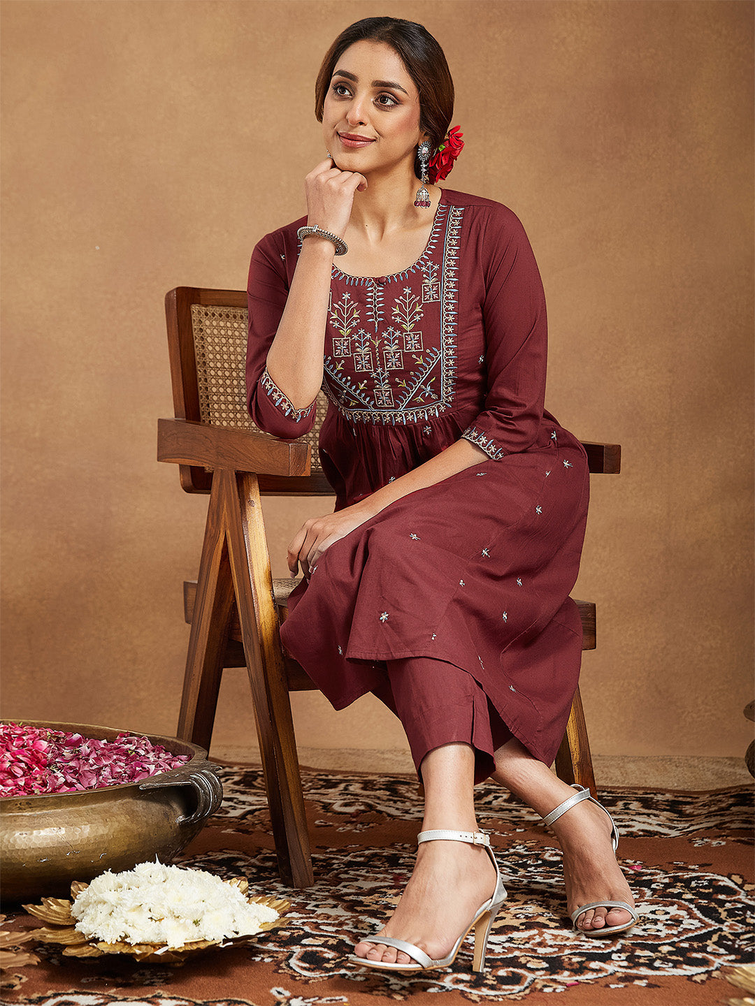 Janasya Women's Maroon Pure Cotton Embroidered A-line Kurta With Pant Set - qivii