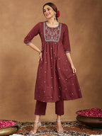 Janasya Women's Maroon Pure Cotton Embroidered A-line Kurta With Pant Set