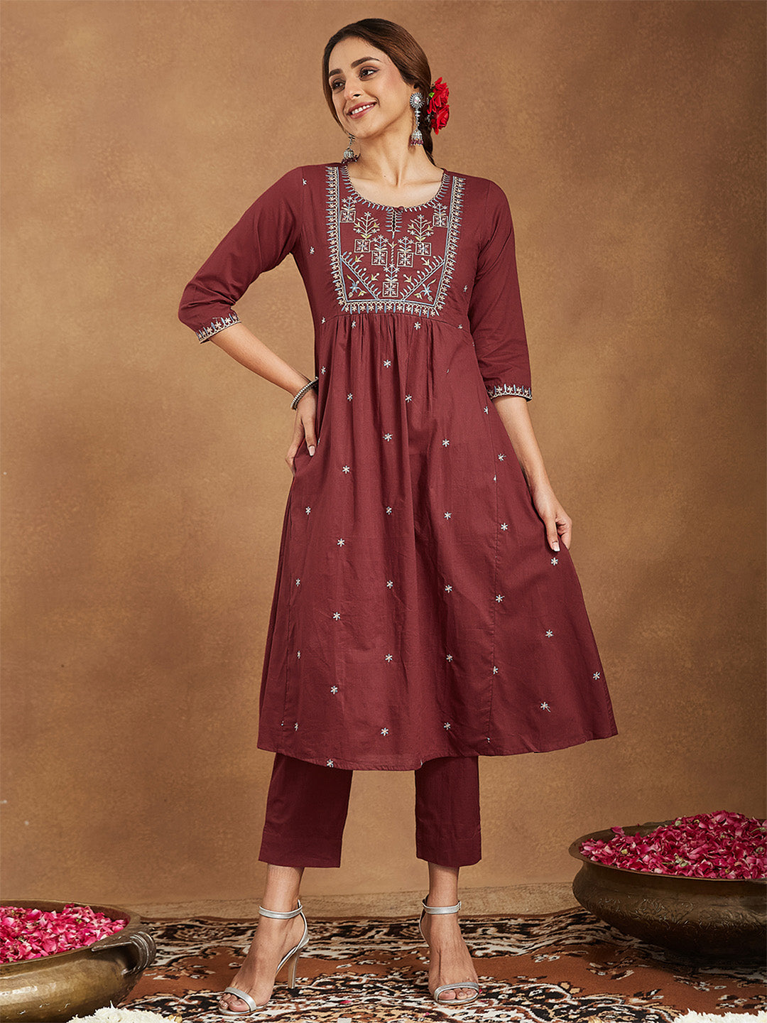 Janasya Women's Maroon Pure Cotton Embroidered A-line Kurta With Pant Set