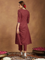 Janasya Women's Maroon Pure Cotton Embroidered A-line Kurta With Pant Set