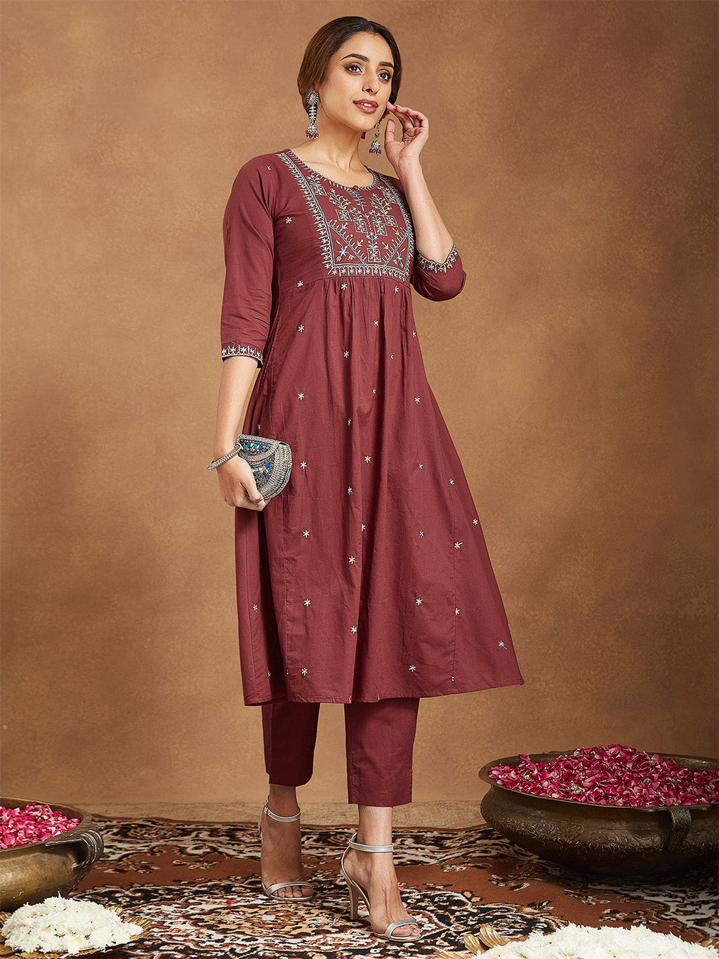Janasya Women's Maroon Pure Cotton Embroidered A-line Kurta With Pant Set