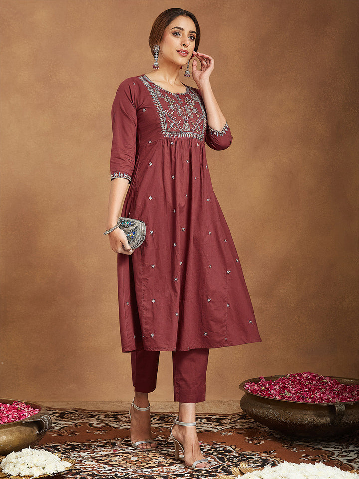 Janasya Women's Maroon Pure Cotton Embroidered A-line Kurta With Pant Set - qivii