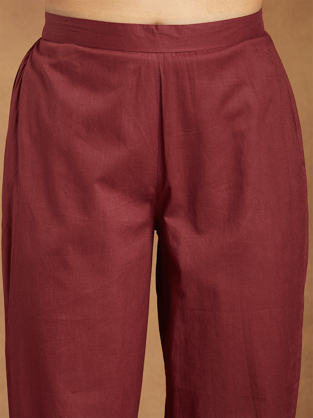 Janasya Women's Maroon Pure Cotton Embroidered A-line Kurta With Pant Set - qivii