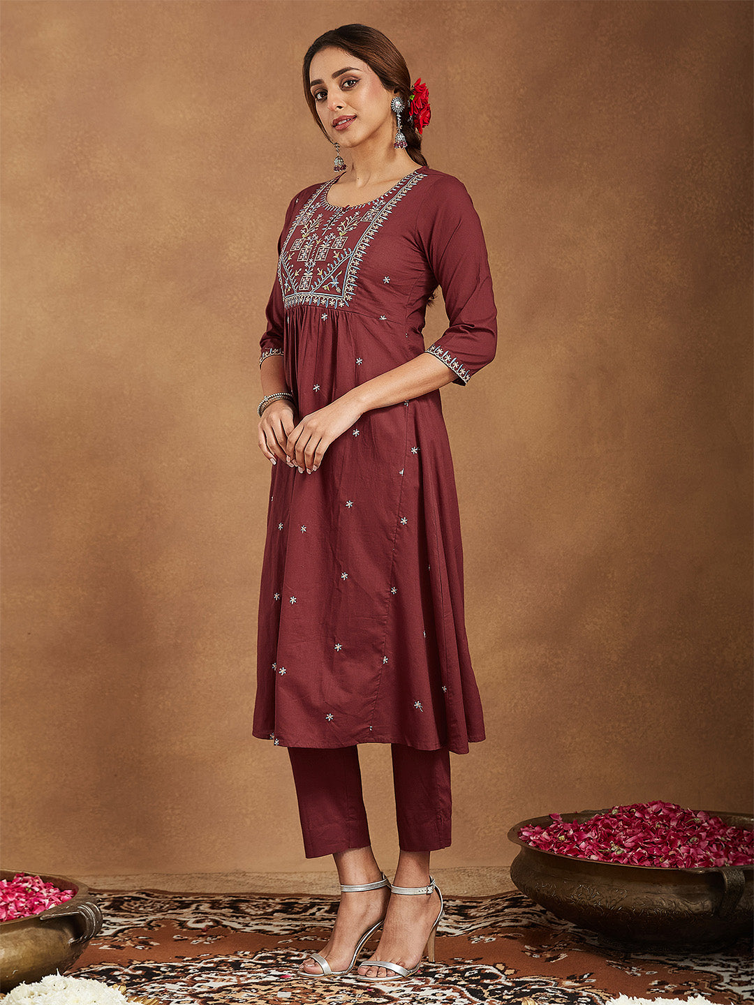 Janasya Women's Maroon Pure Cotton Embroidered A-line Kurta With Pant Set