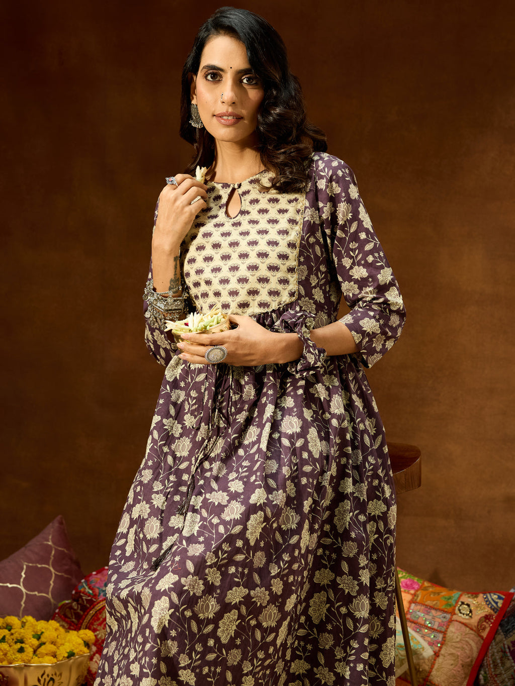 Janasya Women's Purple Pure Cotton Floral Printed A-line Kurta Pant Set