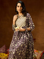 Janasya Women's Purple Pure Cotton Floral Printed A-line Kurta Pant Set