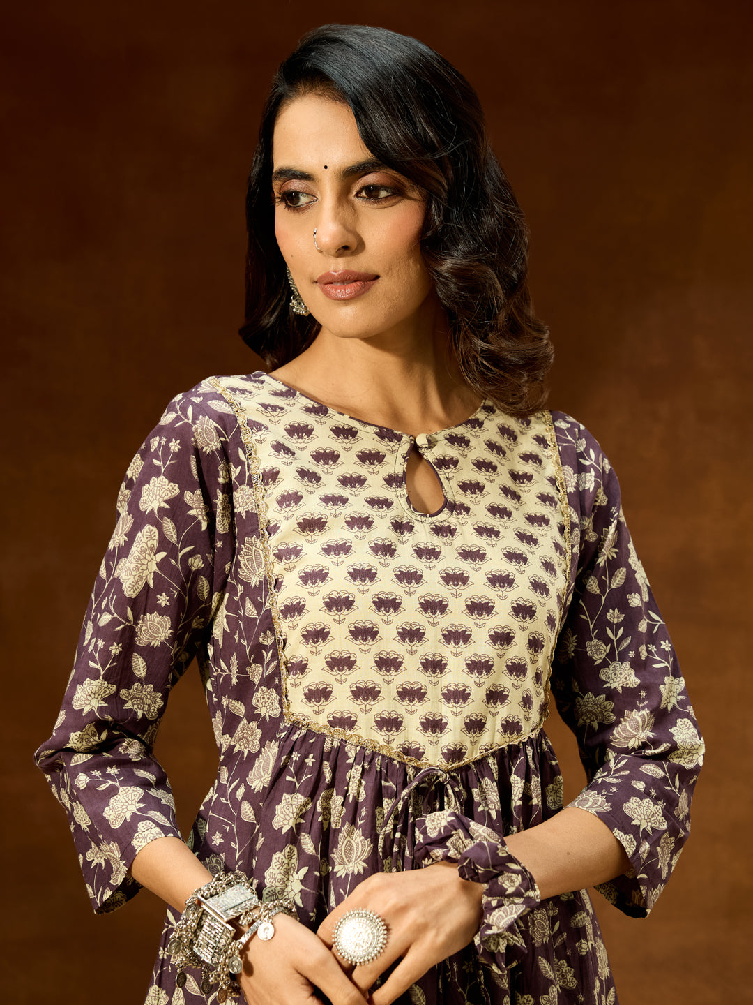 Janasya Women's Purple Pure Cotton Floral Printed A-line Kurta Pant Set