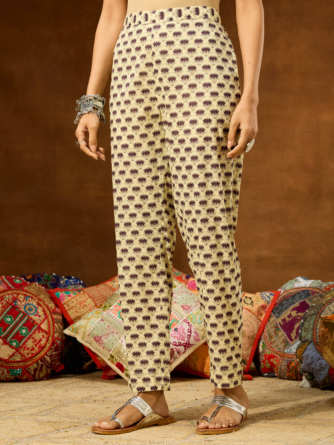 Janasya Women's Purple Pure Cotton Floral Printed A-line Kurta Pant Set