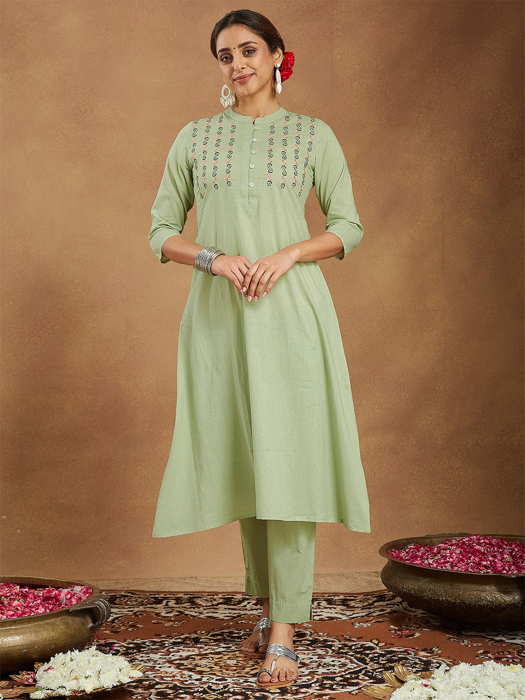 Janasya Women's Mint Green Pure Cotton Embroidered A-line Kurta Pant Set