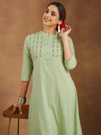 Janasya Women's Mint Green Pure Cotton Embroidered A-line Kurta Pant Set