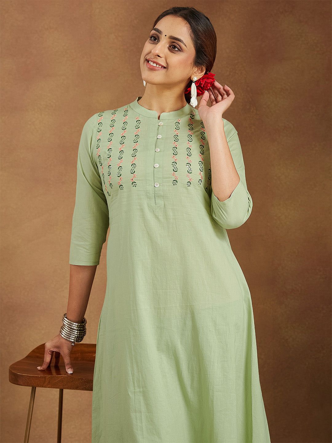 Janasya Women's Mint Green Pure Cotton Embroidered A-line Kurta Pant Set