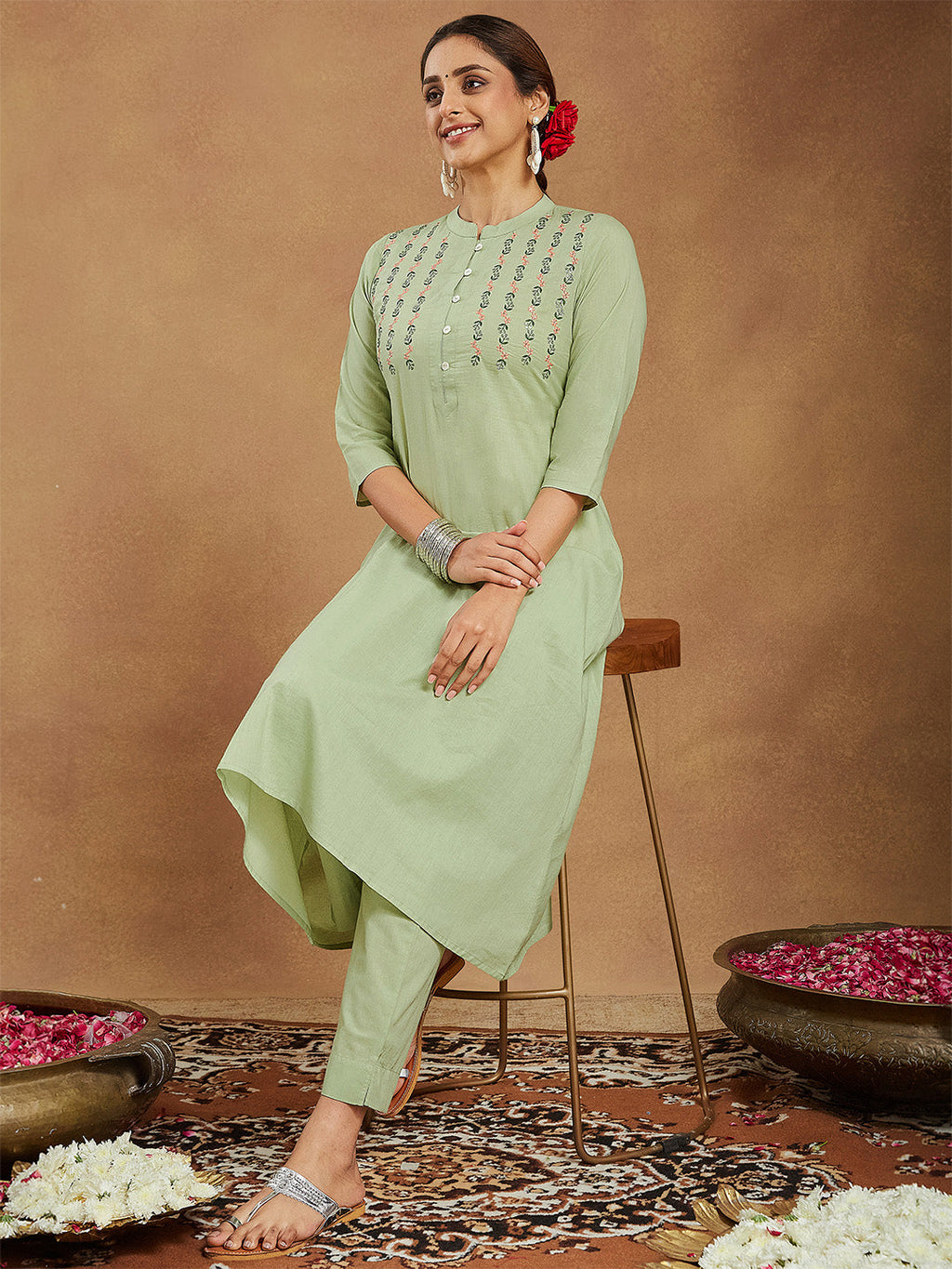 Janasya Women's Mint Green Pure Cotton Embroidered A-line Kurta Pant Set
