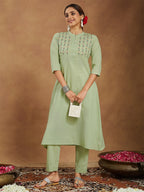 Janasya Women's Mint Green Pure Cotton Embroidered A-line Kurta Pant Set