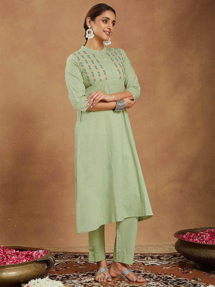 Janasya Women's Mint Green Pure Cotton Embroidered A-line Kurta Pant Set - qivii