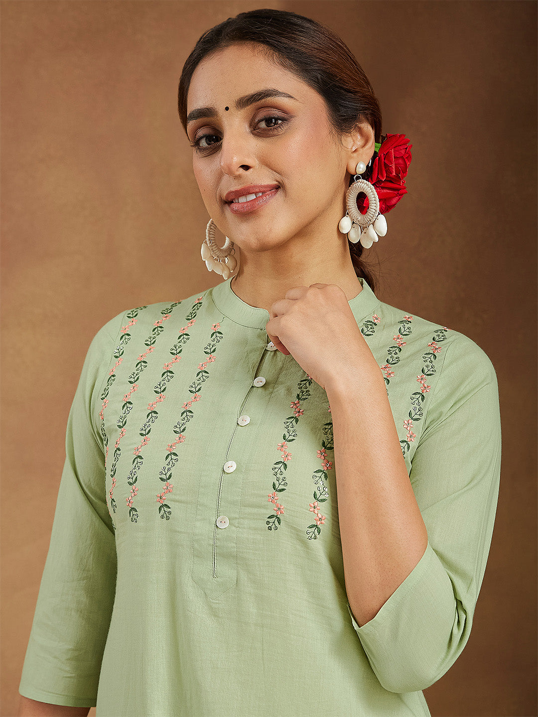 Janasya Women's Mint Green Pure Cotton Embroidered A-line Kurta Pant Set - qivii
