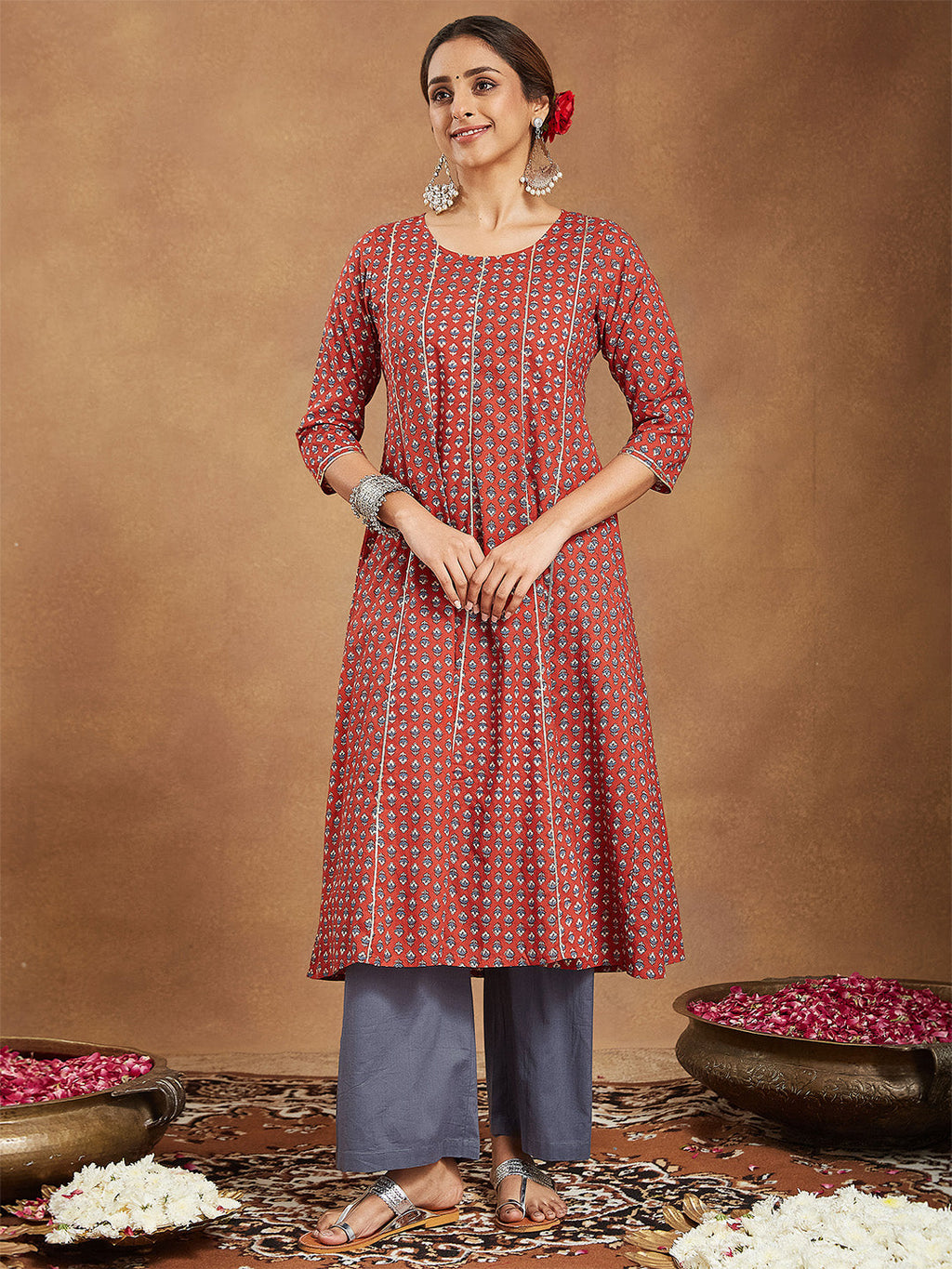 Janasya Women's Red Pure Cotton Floral Printed Anarkali Kurta With Palazzo Set