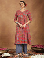 Janasya Women's Red Pure Cotton Floral Printed Anarkali Kurta With Palazzo Set