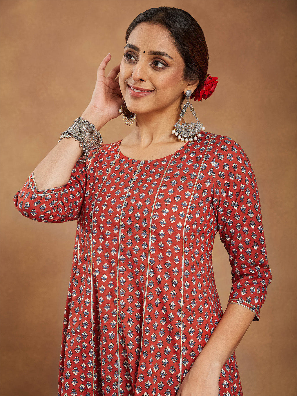 Janasya Women's Red Pure Cotton Floral Printed Anarkali Kurta With Palazzo Set